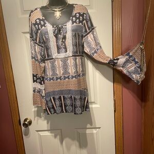 Bohemian Patchwork Blouse - Blue, Cream, Tan